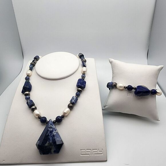 Sodalite, Lapis, & Pearl Necklace & Bracelet Set - Picture 1 of 7